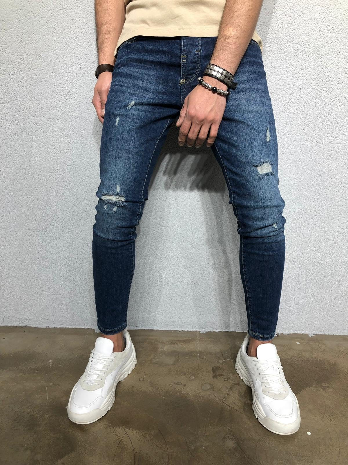 Fashion Ripped Slim Black Men's Jeans with Elastic Ankle Zipper