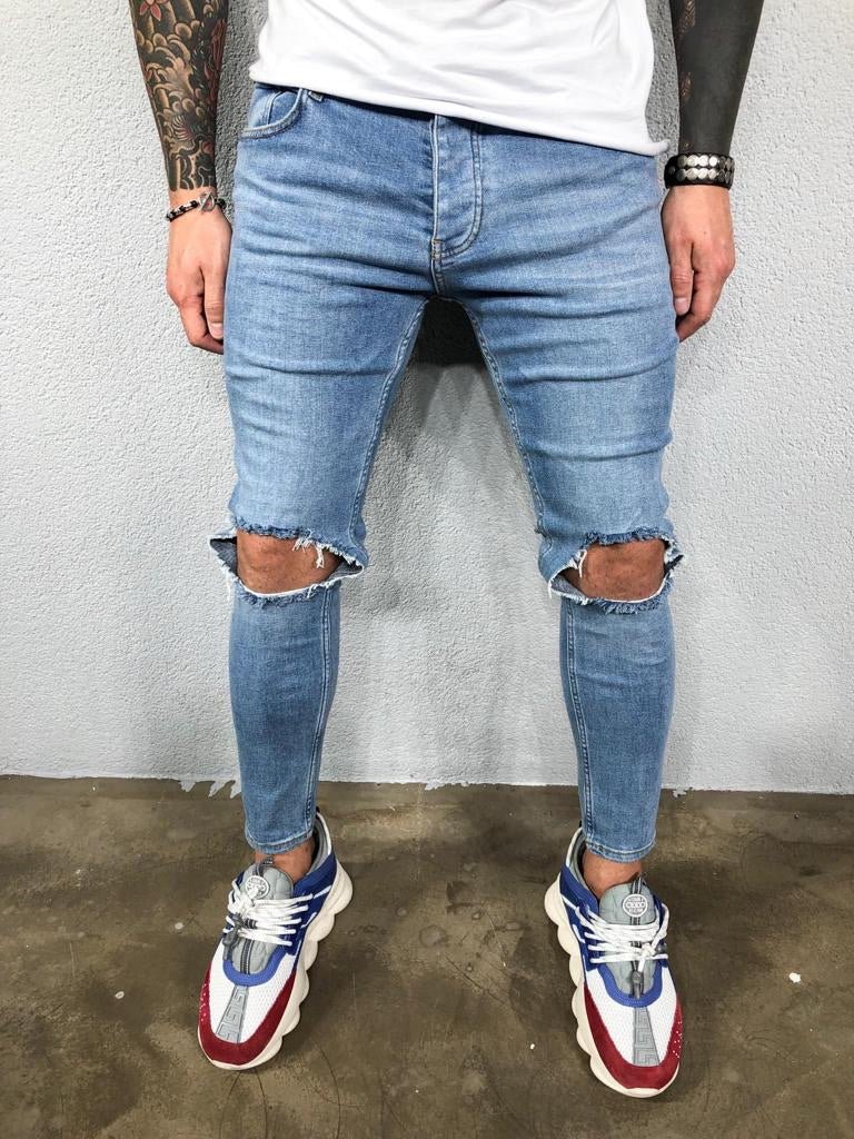 Stylish Skinny Fit Black Knee Ripped And Cut Mid Rise Narrow Bottom  Distress Denim Stretchable Jeans For Men