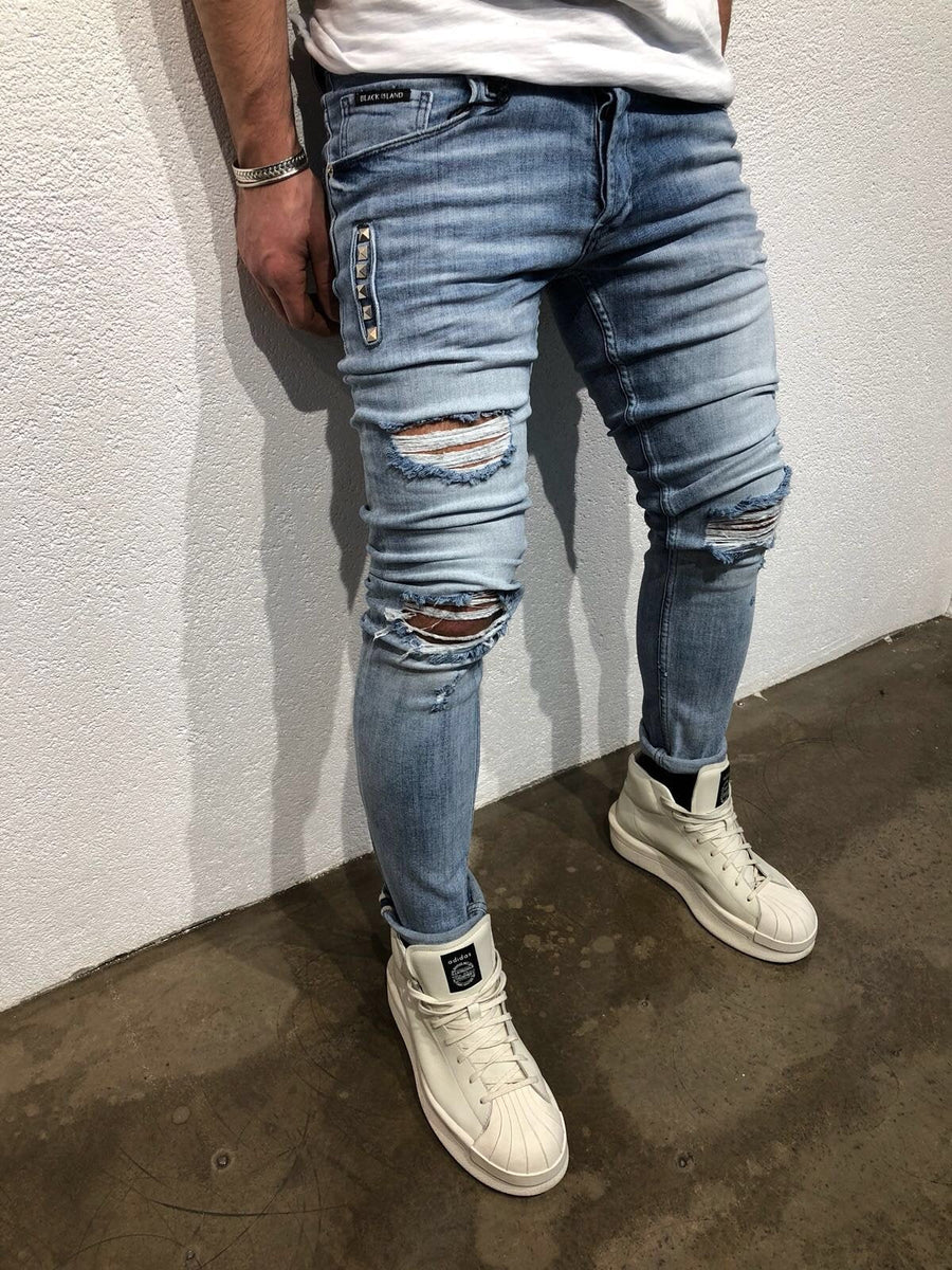 Light Blue Destroyed Slim Fit Denim B62 Streetwear Denim Jeans - Sneakerjeans