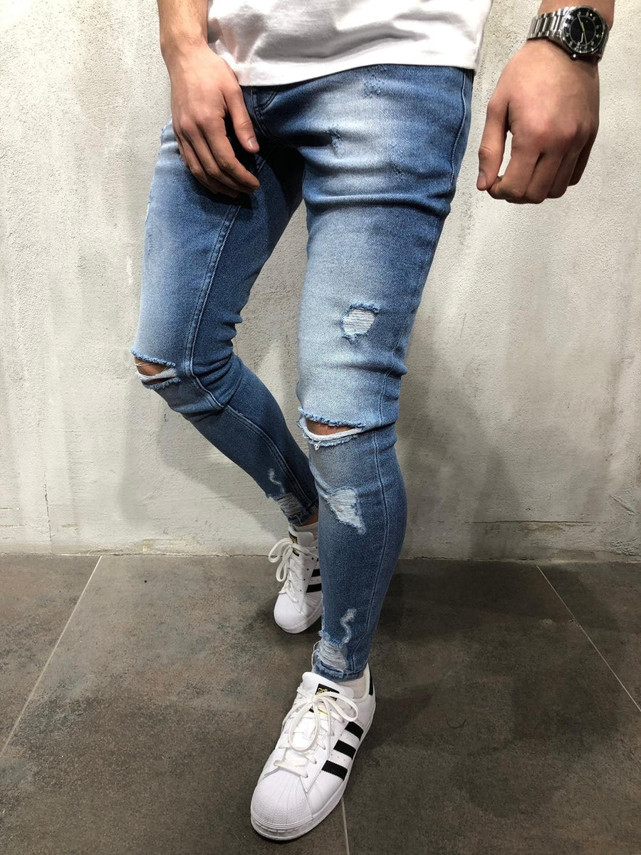 Light Blue Washed Ripped Ultra Skinny Fit Denim AY353 Streetwear Jeans - Sneakerjeans